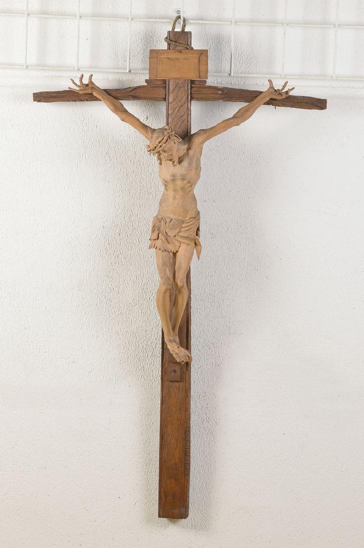 crucifix, German, around 1900/10, corpus basswood/: crucifix, German, around 1900/10, corpus basswood/ cross oak, representation of Jesus Christ in expressive manner, after the model of the Crucified of the Isenheim Altar of Matthias Grünewald, the ha