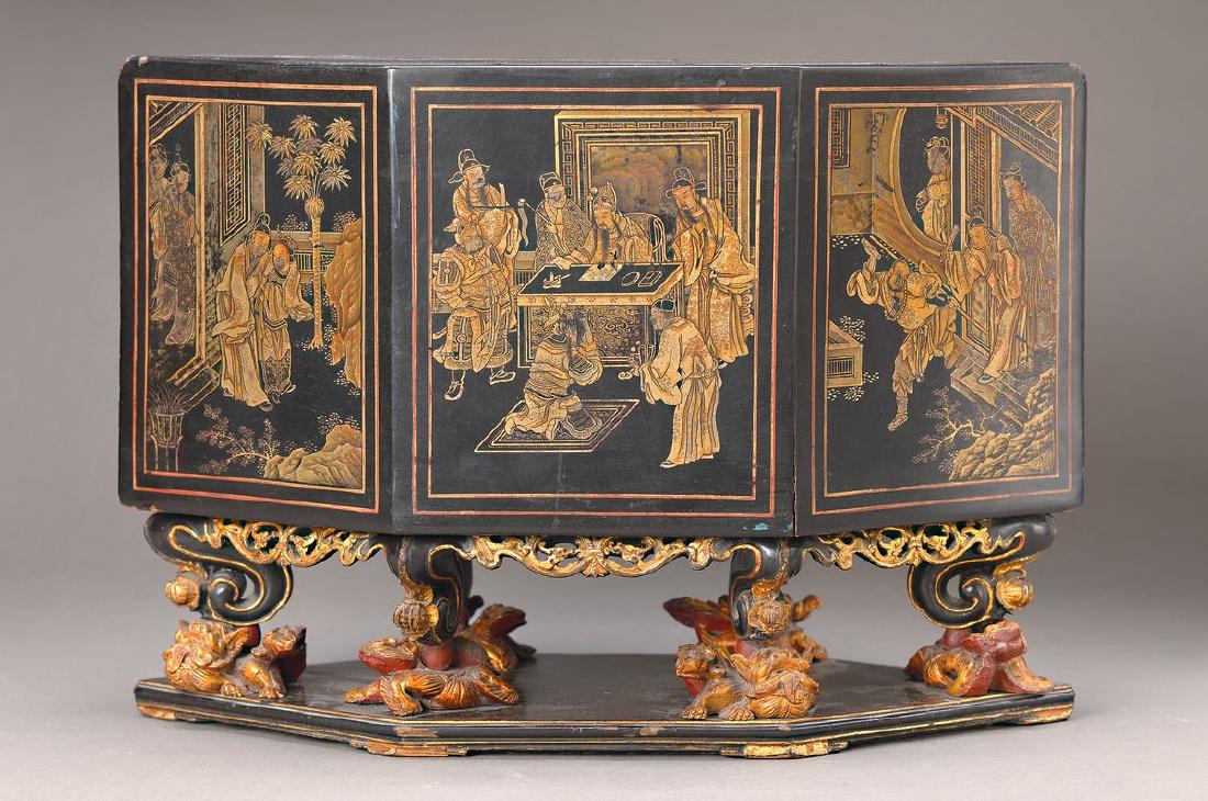 ancestor altar, China, around 1900, wood with varnish: ancestor altar, China, around 1900, wood with varnish work, opulent carved multi part composition with Foo dogs and figural representations, with orig. varnish cap, this with gold painting, bonnet at 