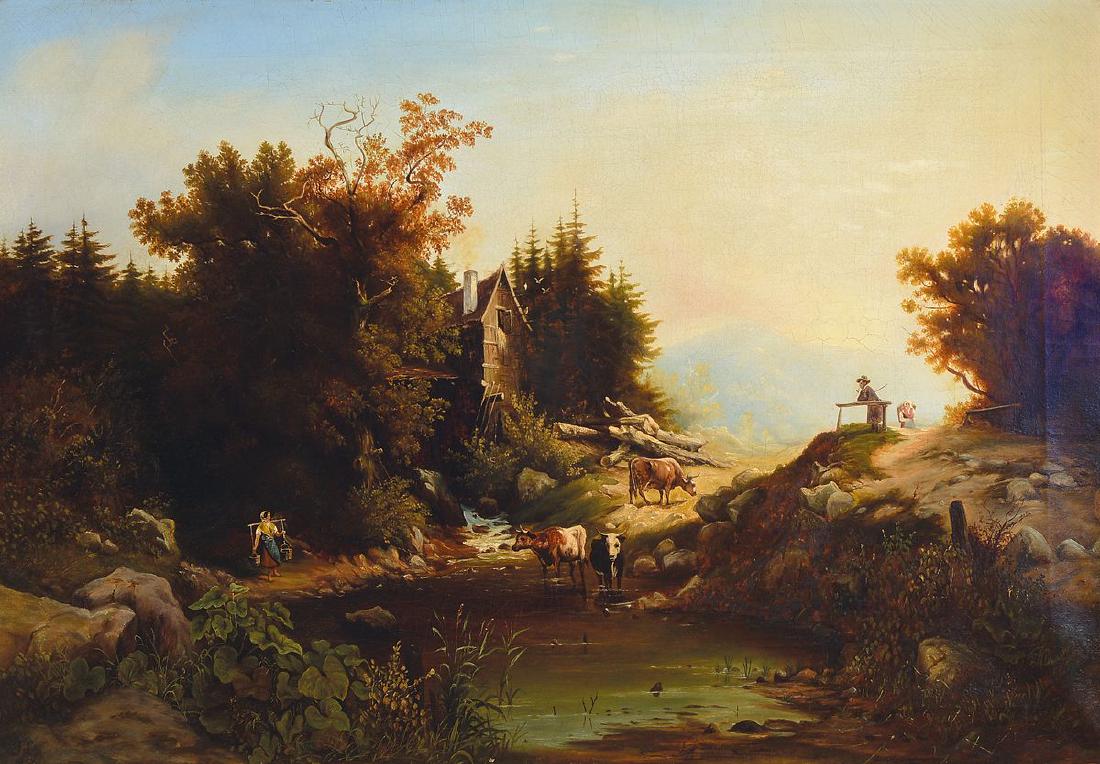 Monogramist AM, maybe Alexander Michelis, Romantic: Monogramist AM, maybe Alexander Michelis, Romantic landscape with mill, cows in water, water carrier and pipe smoking man, fine glazed painting with great variance in shades of green, lower left monog