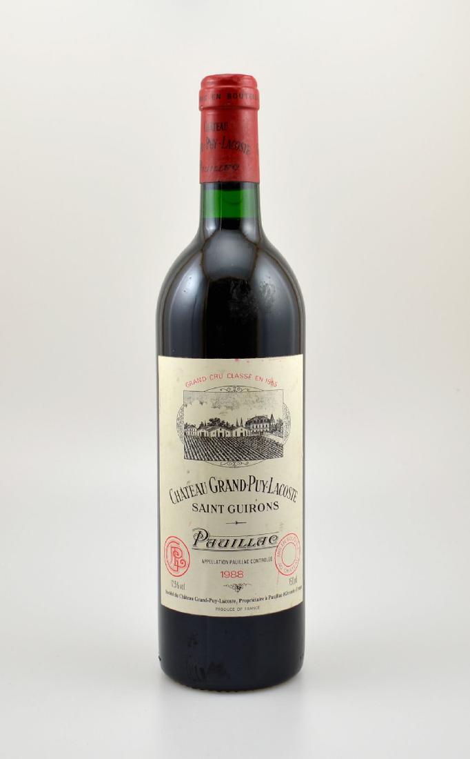 1 bottle 1988 Chateau Grand-Puy-Lacoste, Pauillac: 1 bottle 1988 Chateau Grand-Puy-Lacoste, Pauillac, Grand Cru Classe, approx 75 cl, 12,5 % Vol., filling level: into neck, label slightly soiled, not tasted, Provenance: From a private wine collection