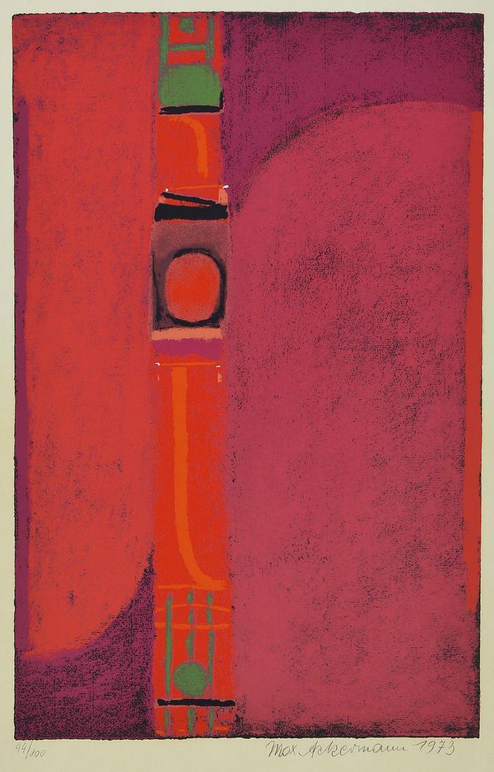 Max Ackermann, 1887-1975, Strained red bridging: Max Ackermann, 1887-1975, Strained red bridging composition, color serigraph from 1973, signed and numbered 44/100, approx 49x31cm, under glass, frame approx 71x51cm