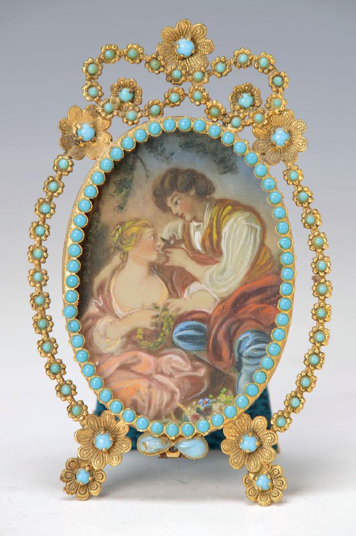 miniature painting, around 1890-1900: miniature painting, around 1890-1900, Gouache/paper, metal in turquoise Cabochons, romantic couple, young woman with flower wreath in the hand, under glass framed, approx. 8x6 cm, with frame 12x7.5 cm