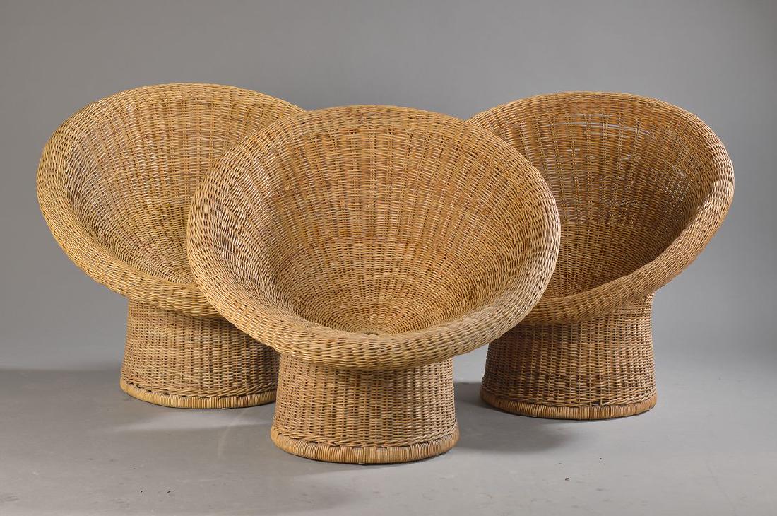 three wicker-chair, designed by Egon Eiermann,Model E: three wicker-chair, designed by Egon Eiermann,Model E 10, approx. 79 x 92 cm, minor damages of age and usage, Heinrich Murrmann Johannisthal, bamboo cane/ Rattan