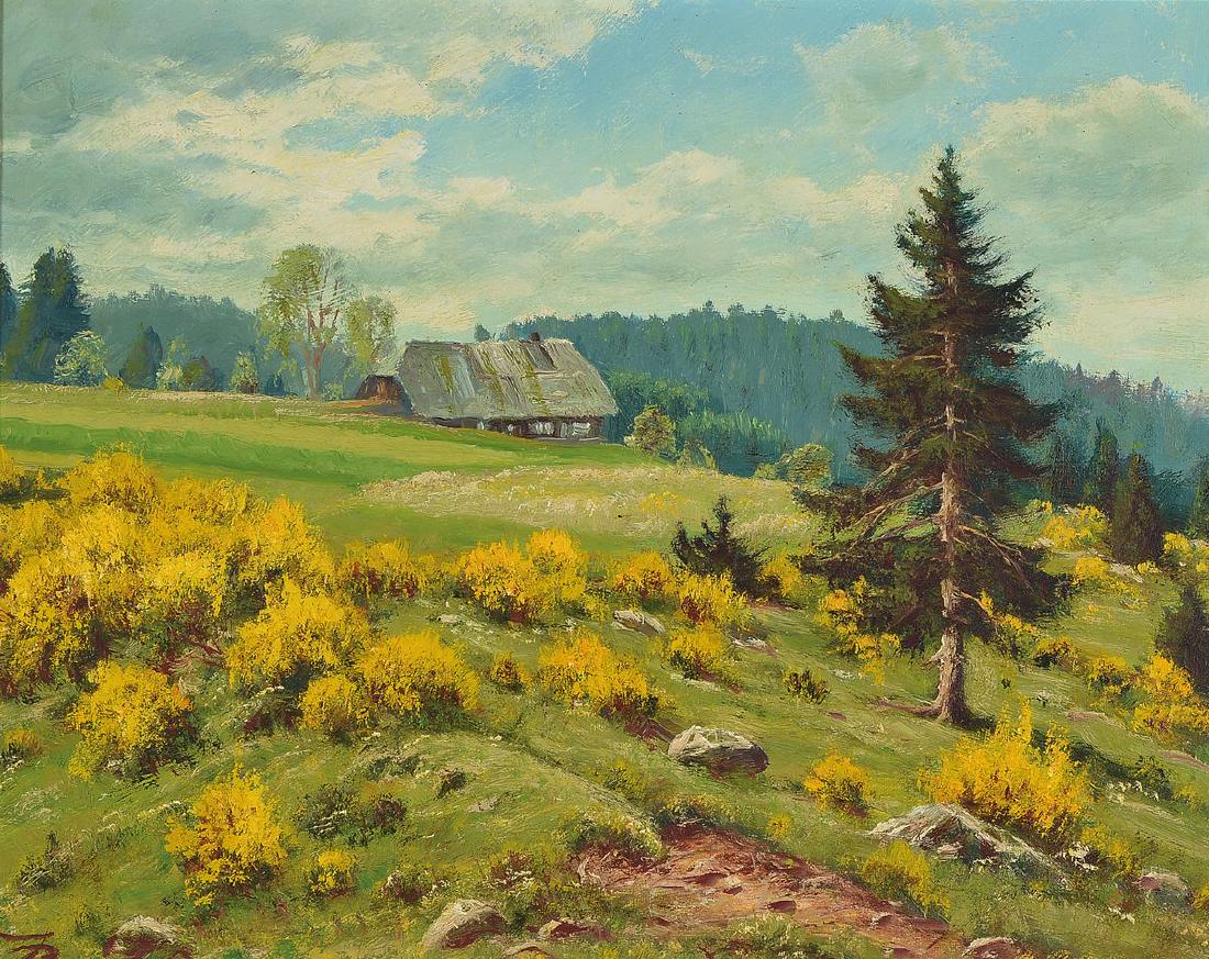 Johann Papa, 1910 Rohrhardsberg-1988 Schoenwald: Johann Papa, 1910 Rohrhardsberg-1988 Schoenwald, farmhouse on the Mosenmättle, flowering broom, oil / canvas, signed lower left, approx. 40x50cm, frame approx. 52x62cm