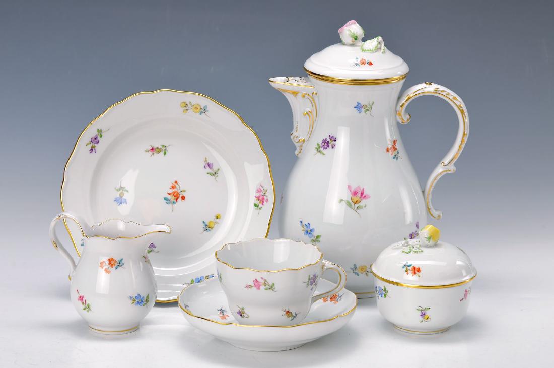 coffee set, Meissen, 20th c., 2. choice, painted in: coffee set, Meissen, 20th c., 2. choice, painted in bright colors in decor strewn flowers, gold edges, coffee pot, sugar bowl, milk jug, 8 cups with saucers, 8 cake plates 18cm, one small lid box
