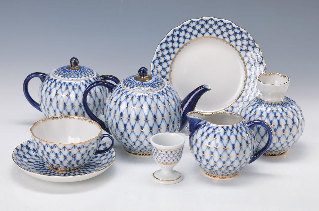 tea set, Lomonossov St. Petersburg, Model cobalt net: tea set, Lomonossov St. Petersburg, Model cobalt net of Serafina Jakowlewa, tea pot, milk jug, sugar bowl, 5 cups, 4 saucers, 5 cake plates 18cm, foot bowl, vase, 2 egg cups,one tea strainer, barely t