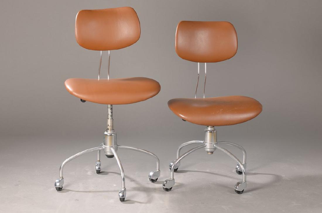 Six Bürostühle, designed by Egon Eiermann, Wilde &: Six Bürostühle, designed by Egon Eiermann, Wilde & Spith, Esslingen, metal bar and iron sheet chromed, partly with label, adjustable backrest with marked with synthetic pommel, leatherette cover, H.