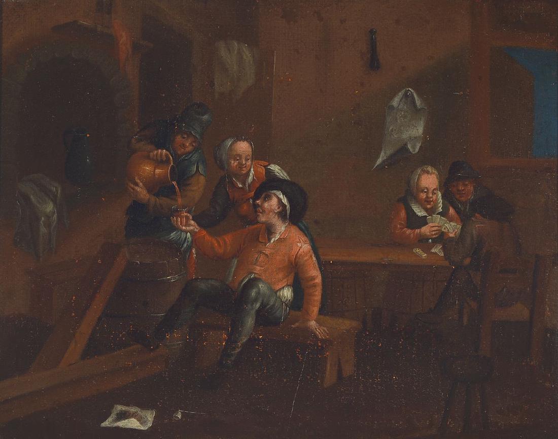 Unidentified artist, the Netherlands, 2nd halfof the: Unidentified artist, the Netherlands, 2nd halfof the 18th C., two counterparts: Tavern scenes with card players and drinkers, pipe smokers, oil / canvas, restored, relined, eachapprox. 36x45cm / 43x52
