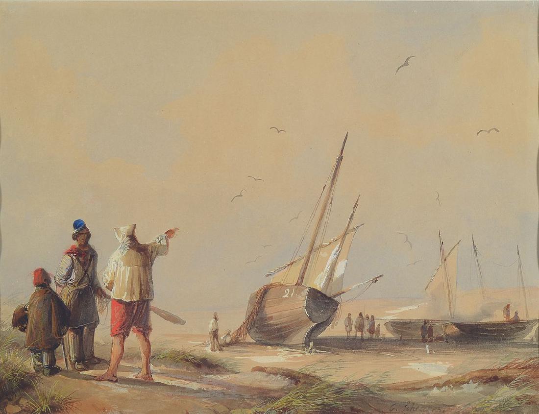 Caspar Johann Nepomuk Scheuren, 1810-1887, fishing: Caspar Johann Nepomuk Scheuren, 1810-1887, fishing boats at the beach, people holding a conversation, watercolor and gouache on paper,signed on the lower right, approx. 21x27cm, PP, under glass, frame