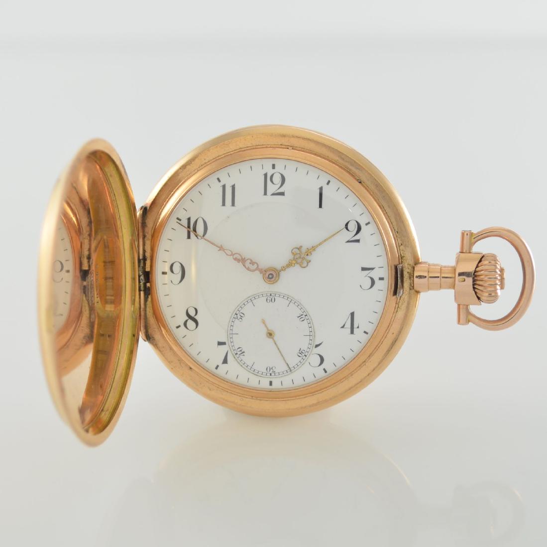 ZENITH 14k pink gold hunting cased pocket watch: ZENITH 14k pink gold hunting cased pocket watch, Switzerland around 1910, rays engine- turned Louis-XVI 3-cover gold case dent, two piece construction enamel dial, Arabic numerals, gilded hands, gold