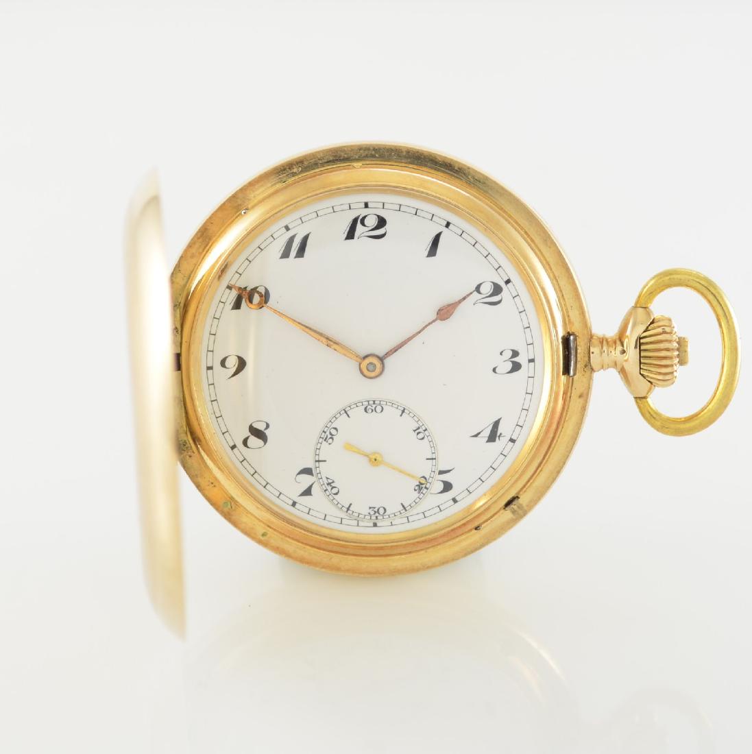 IWC 14k yellow gold hunting cased pocket watch: IWC 14k yellow gold hunting cased pocket watch, Switzerland around 1917, engine-turned 3-cover gold case, two piece construction enamel dial with Breguet numerals, gilded hands partial later, gold pla