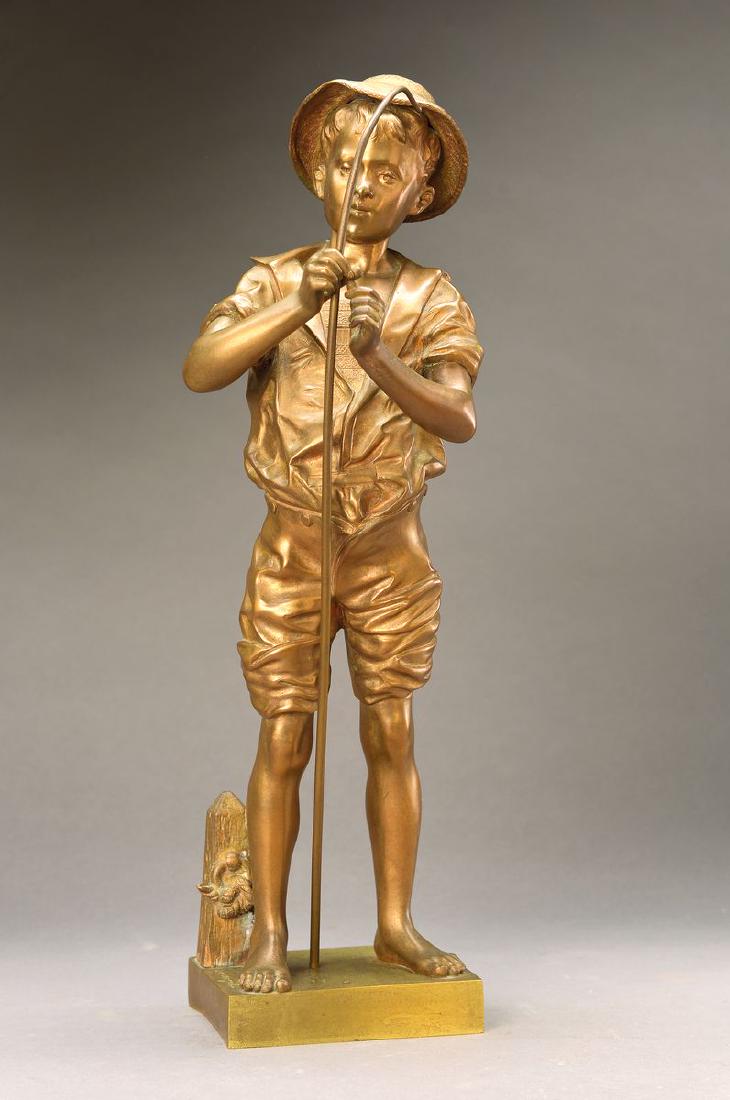Adolphe Jean Lavergne, 1863 - 1928, Pecheur, bronze: Adolphe Jean Lavergne, 1863 - 1928, Pecheur, bronze sculpture aeruginous, boy with fishing-rod (fishing-rod wire missing), on pedestal signed, with caster Platter F.P. Sanson Succ. Hamburg Neuerwall 4