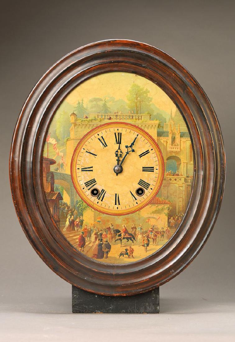 wall clock with so-called Morez work, France, around: wall clock with so-called Morez work, France, around 1880, lithographed dial, wood housing, pair of hands not belong together, iron bar plates, anchor escapement, very large barrels,half hour-strike w