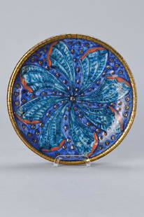 pompous plate, André Metthey, around 1905, stoneware: pompous plate, André Metthey, around 1905, stoneware, blue ground, with stylized turquoise blossom, rust coloured painting, gold decoration, brown bottom side, gold rim, minor rest., D. 22cm, innovat