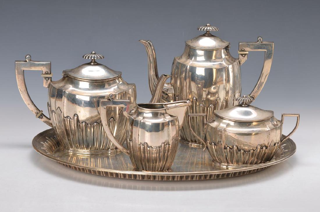 center piece/silver set, Court Jeweler Theodor Müller: center piece/silver set, Court Jeweler Theodor Müller, Weimar, Art Nouveau, around 1900/05, 800 silver: tray, tea pot, coffee pot, sugar bowl and milk jug, encircling embossed channeled decor with wa