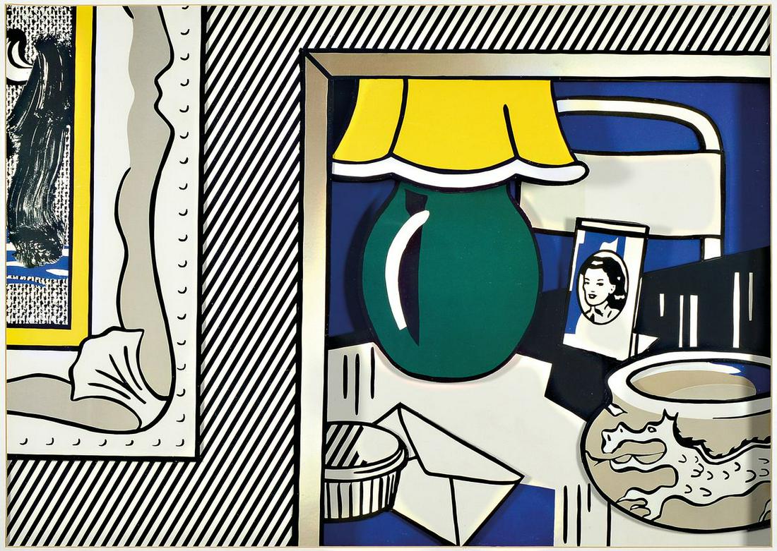 Roy Lichtenstein, 1923-1997, Green lamp and other: Roy Lichtenstein, 1923-1997, Green lamp and other pictures, 3 D-construction with lighting, approx 50x68x5cm, under glass frame, approx 70x90x7cm