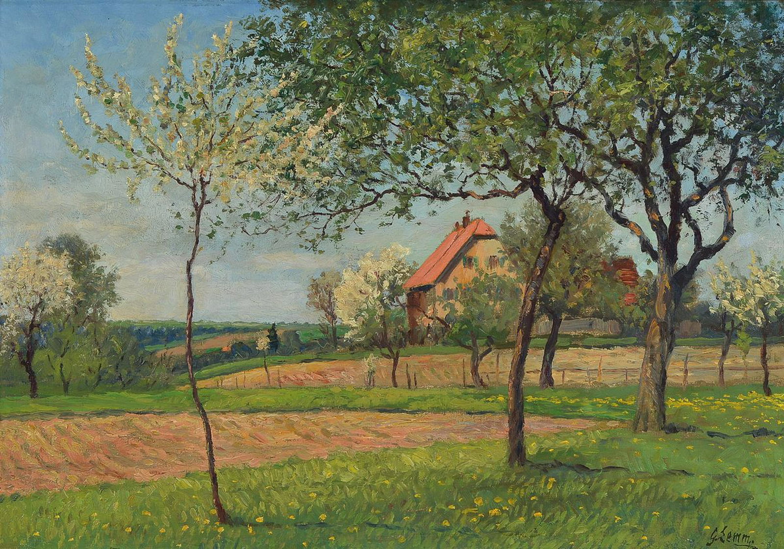 Georg Lemm, 1867 Berlin-1940 Tharandt, view through: Georg Lemm, 1867 Berlin-1940 Tharandt, view through flowering trees on a farmhouse, oil / canvas, signed lower right, 41x58cm / 57x75cm,R.