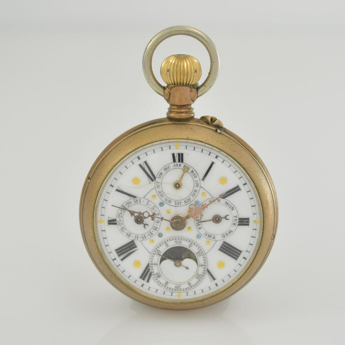 Open face pocket watch with complete calendar: Open face pocket watch with complete calendar, Switzerland around 1890, gold plated case abraded, correction pusher at the side, enamel dial hairlines, Roman numerals, hands partial replaced, sub-dial