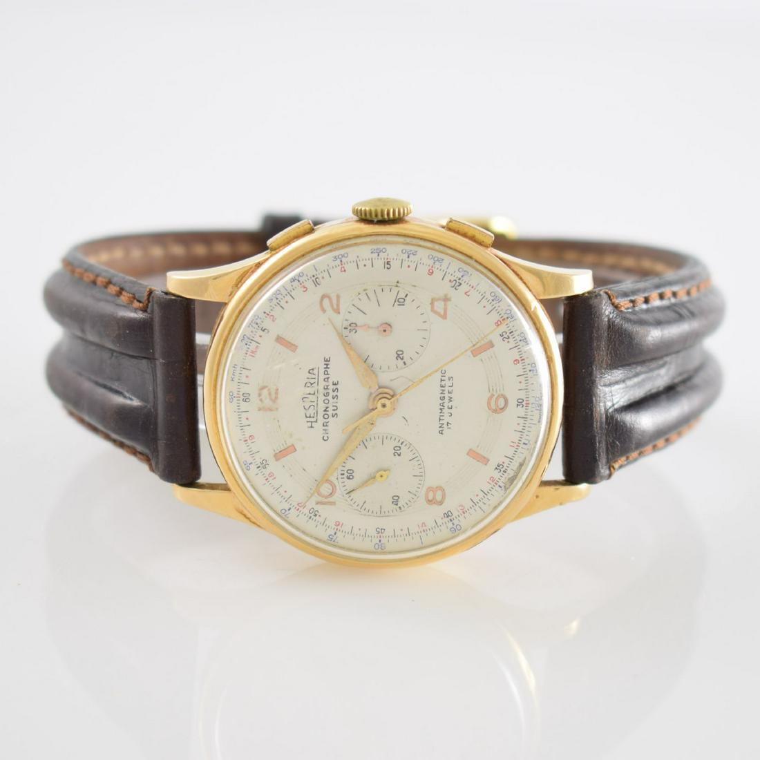 HESPERIA/CHRONOGRAPHE SUISSE 14k pink gold chronograph: HESPERIA/CHRONOGRAPHE SUISSE 14k pink gold chronograph, manual winding, Switzerland around 1945, 3-piece construction case dent, snap on case back and bezel, silvered dial due to age spotty, gilded ha