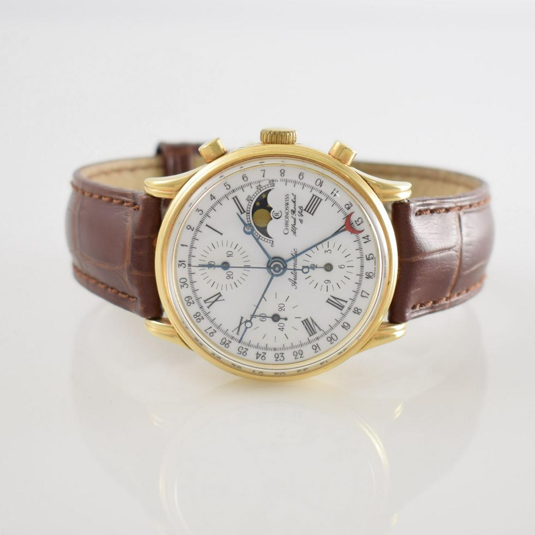 CHRONOSWISS/Alfred Rochat & Fils chronograph: CHRONOSWISS/Alfred Rochat & Fils chronograph, self winding, reference 77990, Switzerland around 1995, gold plated metal case including leather strap with gold-plated original buckle, screwed down stai