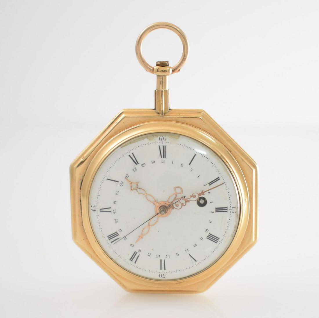 Very rare octagonal early double face: Very rare octagonal early double face cylinder-pocket watch in 18k pink gold, France/Switzerland around 1790, stepped case, round bezels, bow later, to be open forward by push on pendant, enamel-dials