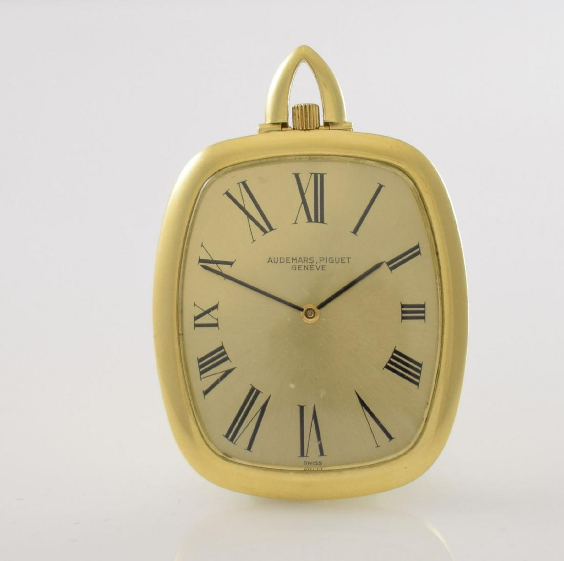 AUDEMARS PIGUET 18k gold open face pocket watch: AUDEMARS PIGUET 18k yellow gold open face pendant/dress watch, manual winding, Switzerland around 1965, snap on bezel, gold dial with Roman hours in case 2-times screwed down, display of hours & minut