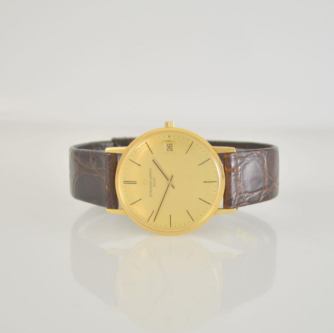 ETERNA-MATIC 3000 nearly mint 18k gold wristwatch: ETERNA-MATIC 3000 nearly mint 18k yellow gold gents wristwatch with box & papers, Switzerland according to original papers sold in march 1969, self winding, thin case reference 744, snap on case back