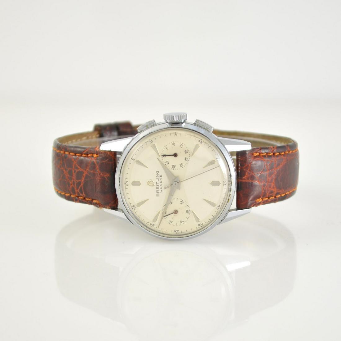 BREITLING manual wound chronograph reference 1198: BREITLING chronograph reference 1198, manual winding, Switzerland around 1943, chrome plated case, snap on stainless steel case back, elaborate duoton-dial with raised indices due to age slightly spot