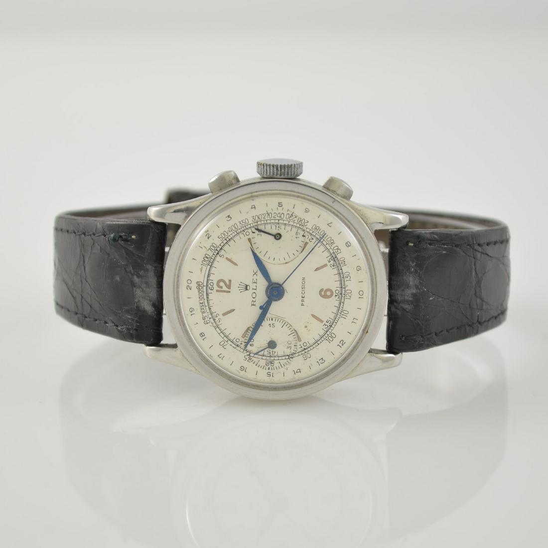 ROLEX gents chronograph reference 2811 in steel: ROLEX gents chronograph reference 2811 in steel, Switzerland around 1935, manual winding, 3-piece case, snap on case back & bezel, winding crown later, silvered dial restored, blued leaf hands, silver