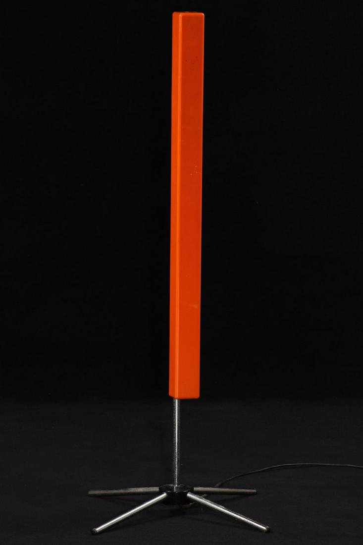 Oversized desk lamp 'AEG': Oversized desk lamp 'AEG', chromed metal frame, orange plastic shade, height adjustableand foldable, lighting through fluorescent tube, without illuminant, electrification should be checked, traces of