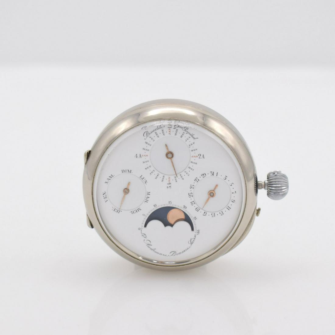 LOUIS AUDEMARS very rare double-face pocket watch: LOUIS AUDEMARS very rare double-face pocket watch movement with perpetual calendar in original show-case, Switzerland around 1870, on both sides plan-concave glazed nickel case, enamel-dials: in front