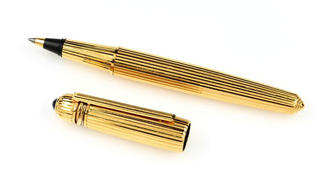 Cartier PASHA ballpen: Cartier PASHA ballpen , corpus metal gold plated, cap with blue glasscabochon and typ. tricolor-rings, signed Pasha de Cartier, lead has to be renewed