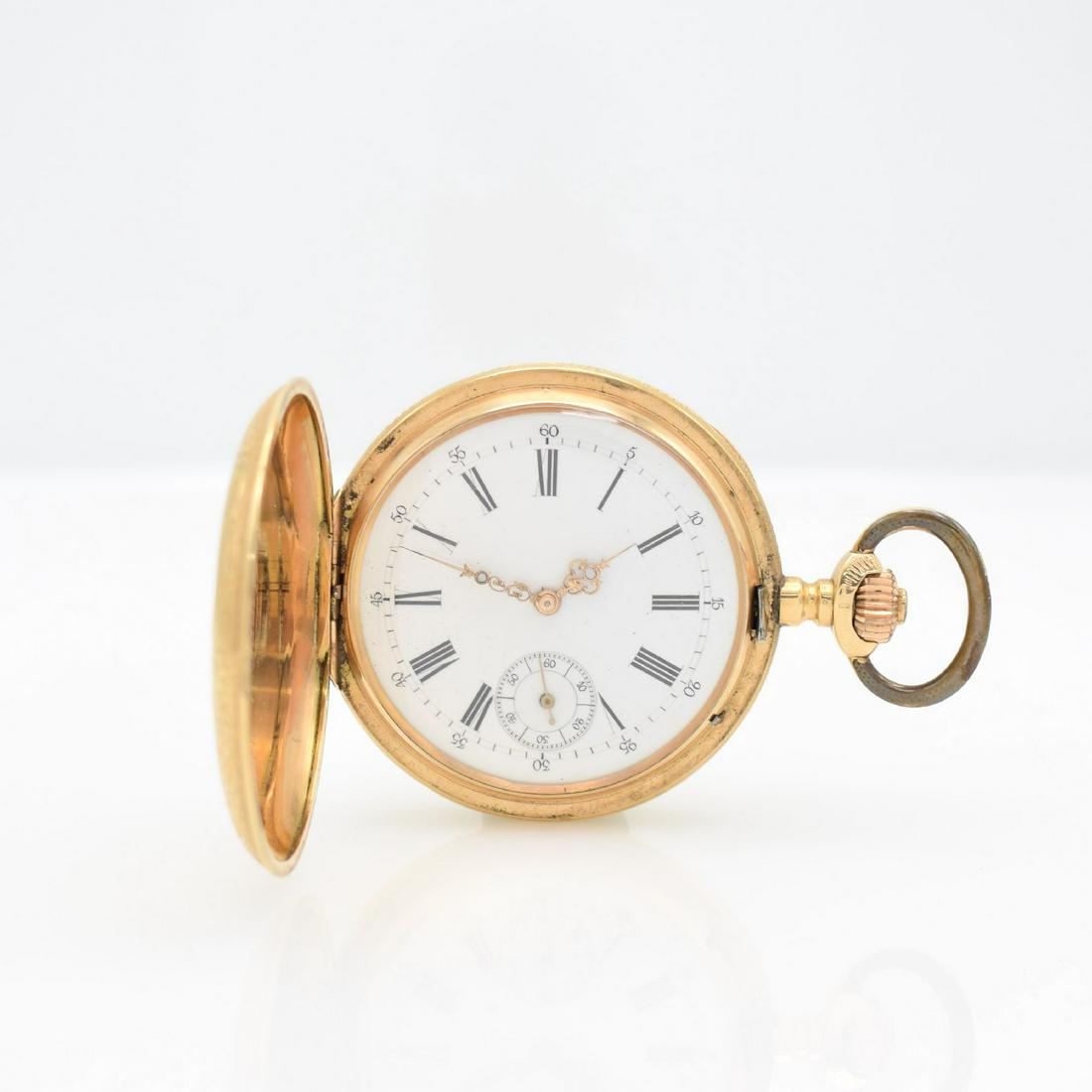 14k pink gold hunting cased pocket watch: 14k pink gold hunting cased pocket watch, Switzerland around 1910, rich engraved 3-cover gold case dent, hunter cover outside representation knight on horse with lance & inside with dedication engravi