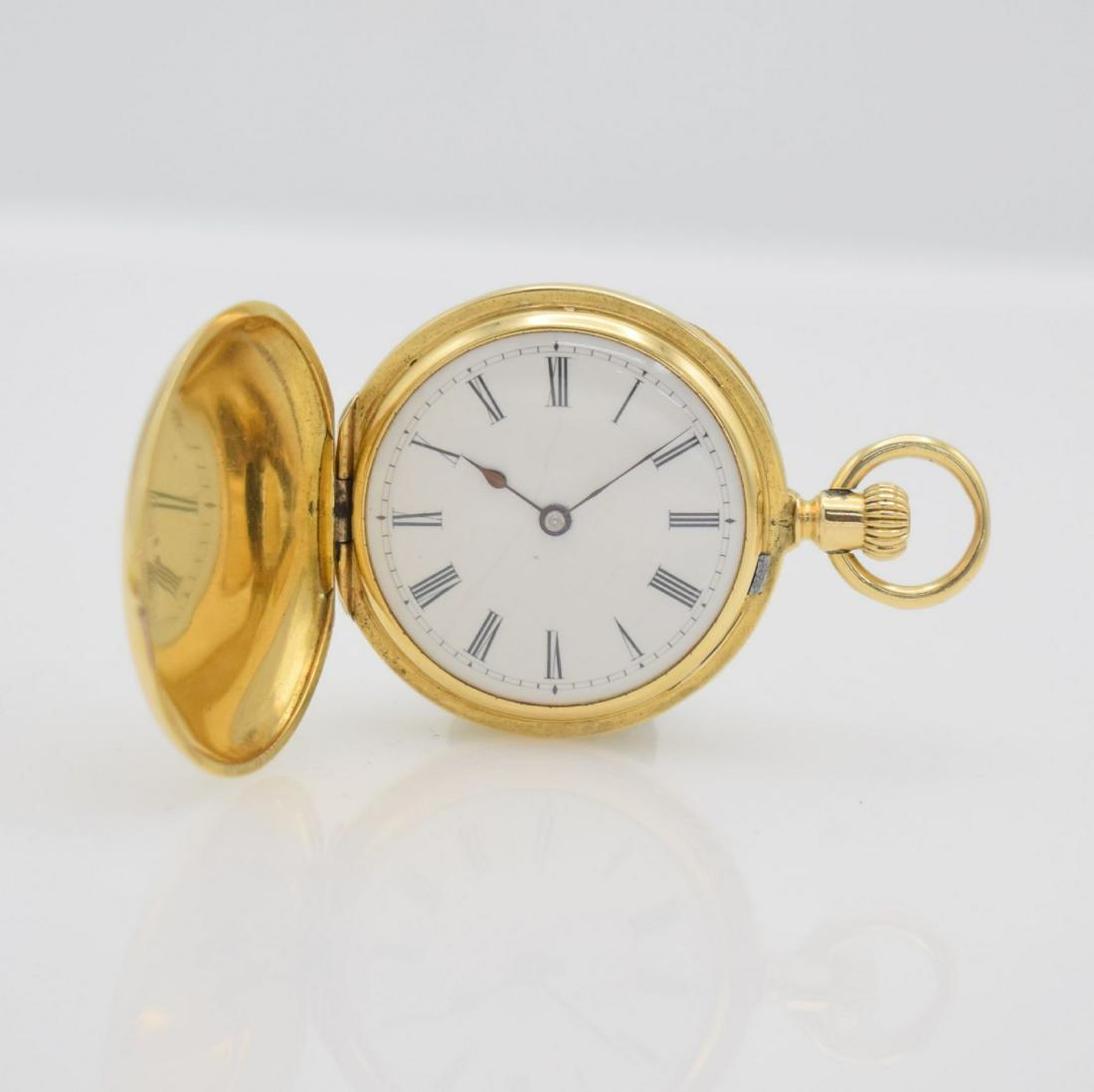 PATEK PHILIPPE 18k yellow gold ladies pocket watch: PATEK PHILIPPE 18k yellow gold ladies hunting-cased pocket watch, Switzerland around 1900, 3-cover gold case, hunter cover with enameled monogram (slightly damaged), a-goutte closing, enamel dial with