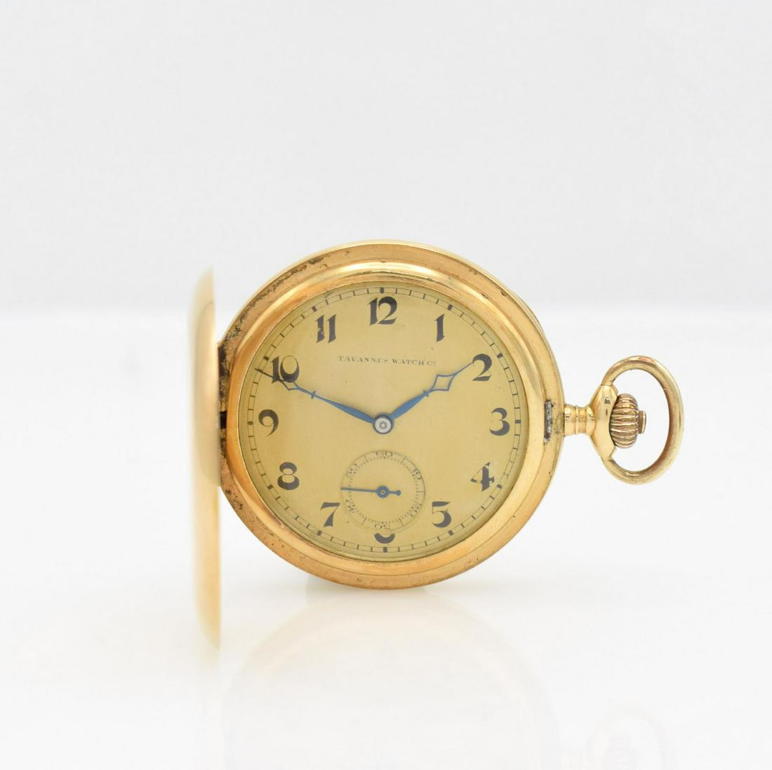 TAVANNES WATCH Co. 14k gold hunting cased pocket watch: TAVANNES WATCH Co. 14k yellow gold hunting cased pocket watch, Switzerland around 1915, 3-cover gold case, metal-dial with Arabic numerals, blued cathedral-hands, silvered movement with fausses cotes