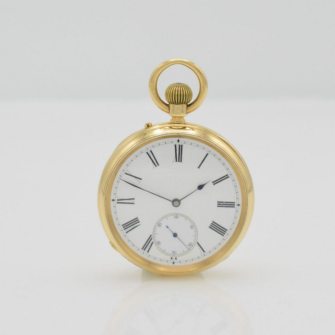 18k yellow gold open face pocket watch: 18k yellow gold open face pocket watch, Switzerland around 1900, 2-cover gold case, enamel dial with Roman numerals, blued spade- hands, gold-plated lever movement in high quality, compensation-balanc