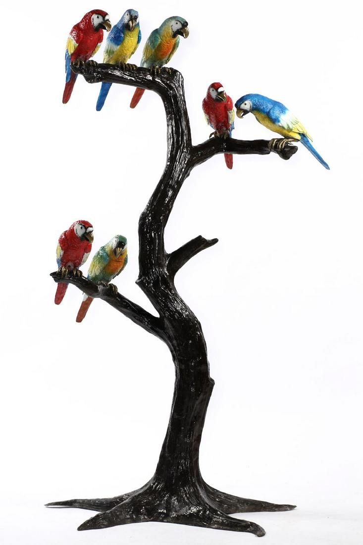 Parrots on branch: Parrots on branch, bronze, brown and strong colorful patina, beaks polished bronze (gold- colored), naturalistic representation, very lively effect on the viewer, detailed shape, good quality, absolut