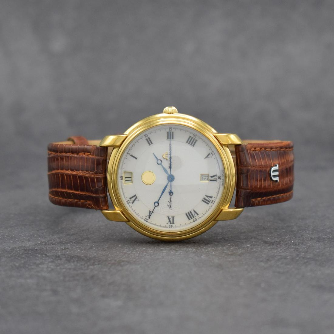 MAURICE LACROIX gents wristwatch model Les Mécaniques: MAURICE LACROIX gents wristwatch model Les Mécaniques, Switzerland around 2000, reference 29399, gold-plated case on both sides glazed, snap on case back and bezel, Maurice Lacroix leather strap with