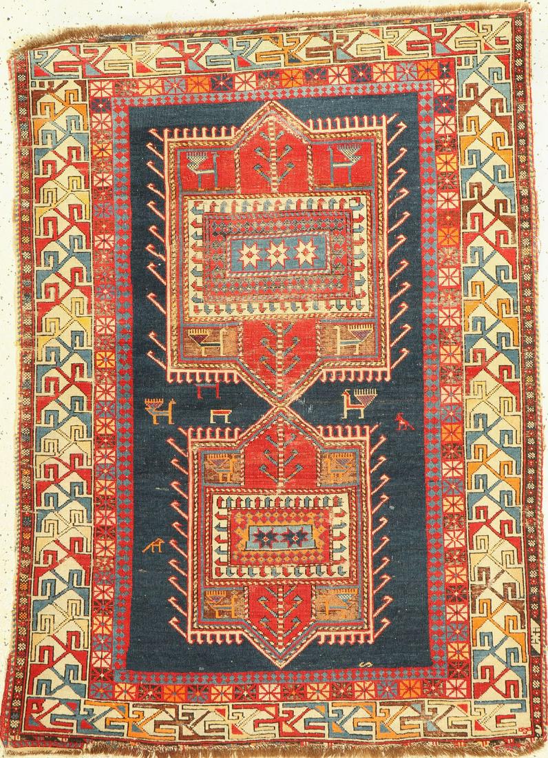 Shirvan antique, Caucasus, around 1900, wool on wool: Shirvan antique, Caucasus, around 1900, wool on wool, approx. 150 x 110 cm, strong signs ofwear, old restorations.Rugs & Carpets