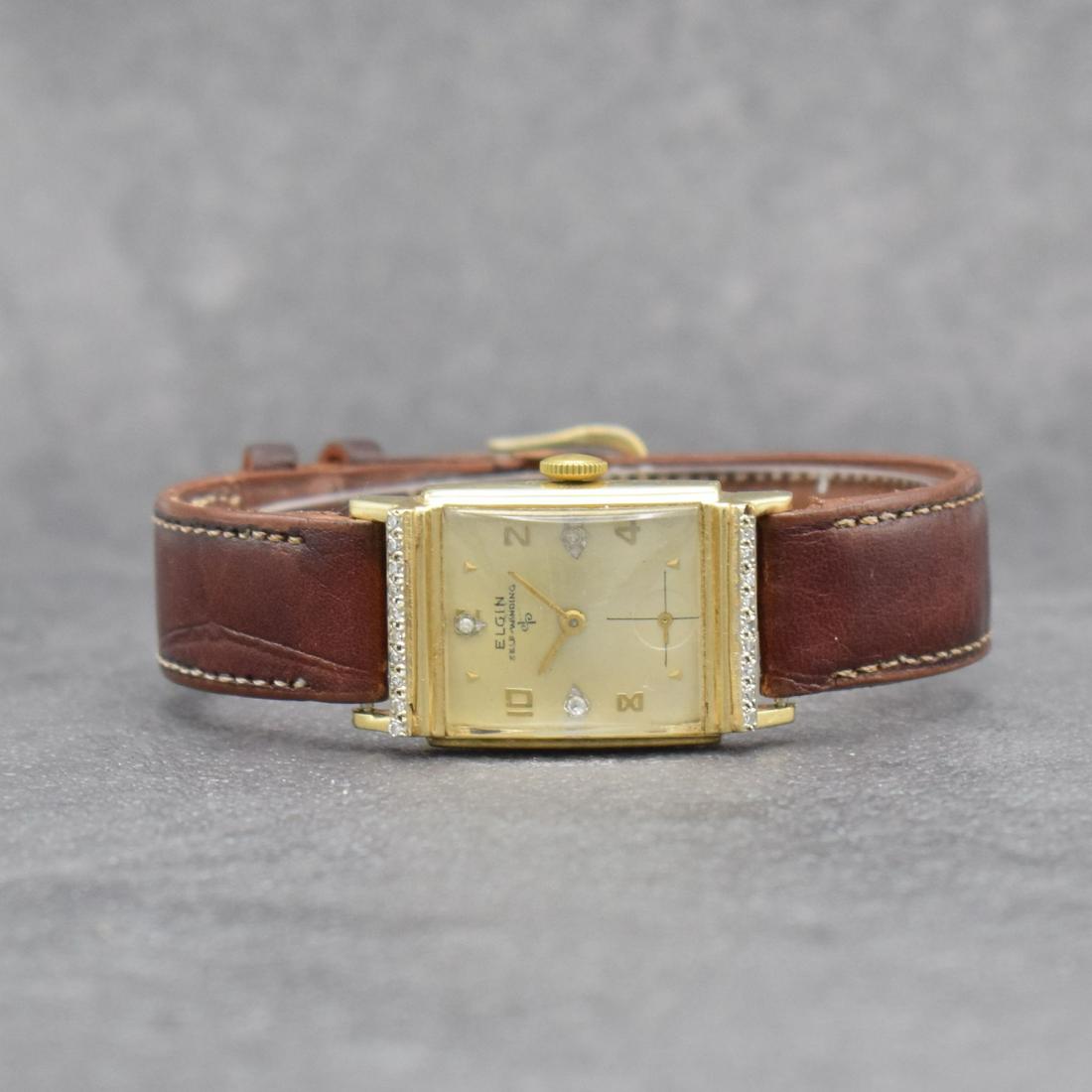 LORD ELGIN 14k yellow gold gents wristwatch: LORD ELGIN 14k yellow gold gents wristwatch, USA 1940`s, manual winding, snap on case back, aftermarket with 3 diamond indices set dial with misprint restored/patinated, lever movement, 21 jewels, cal