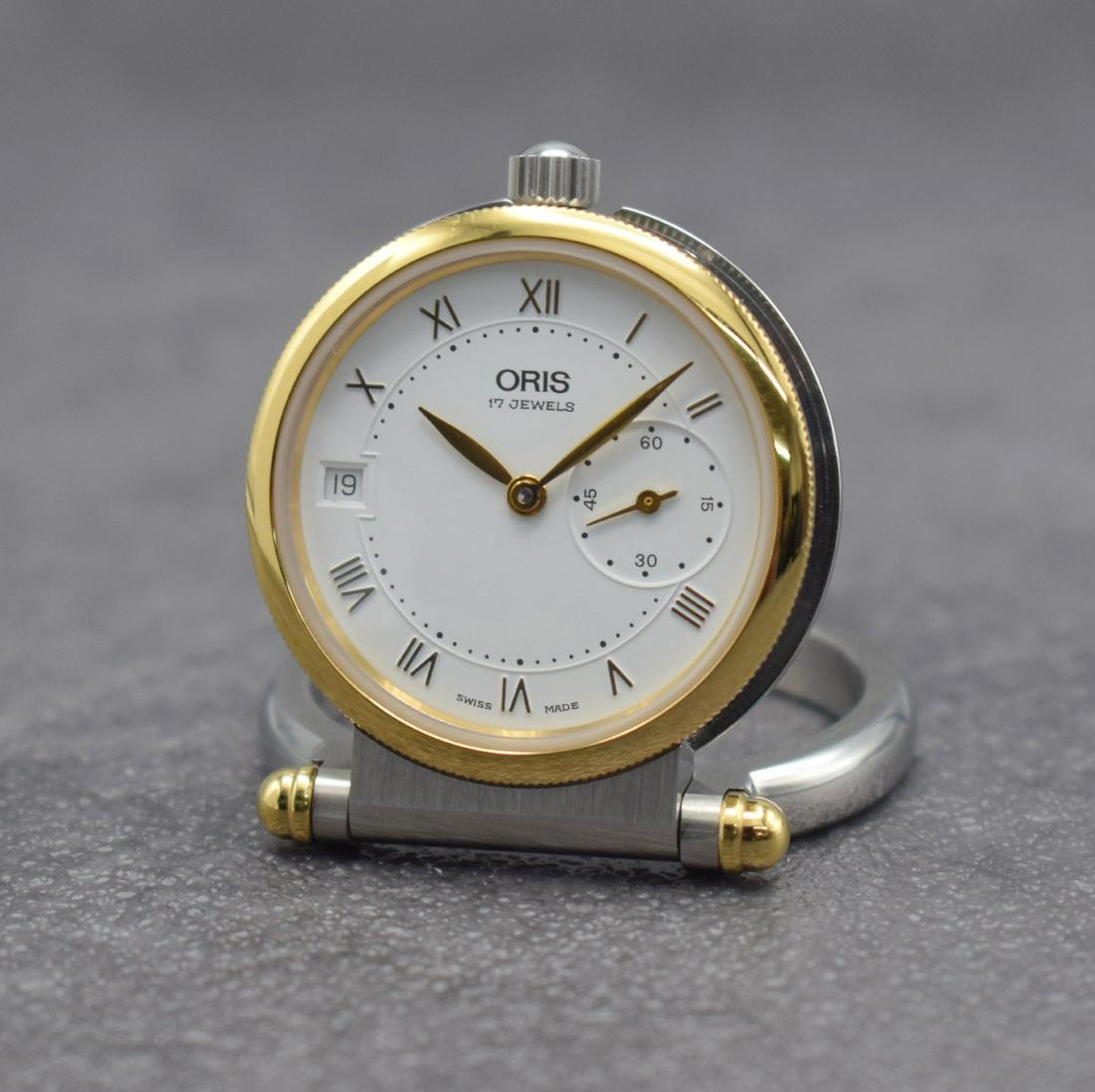 ORIS Classic nearly mint small table clock: ORIS Classic nearly mint small table clock, Switzerland around 1995, manual winding, reference 7456, on both sides glazed & open up case, snap on case back, white dial with gilded Roman numerals, gild