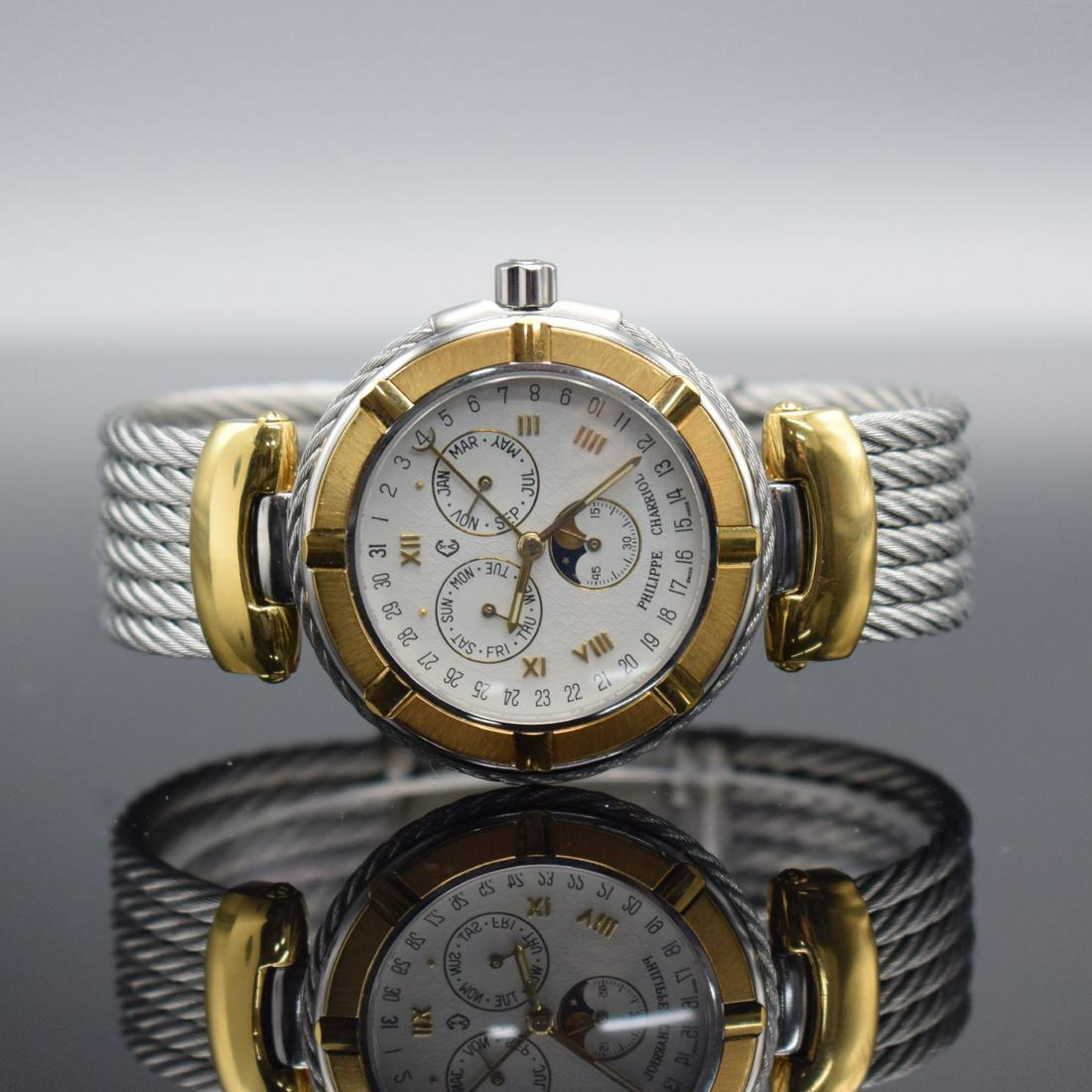 PHILIPPE CHARRIOL gents wristwatch with calendar: PHILIPPE CHARRIOL gents wristwatch with calendar, Switzerland around 1998, quartz, case in stainless steel/gold, cord band, white dial with gilded hour-indices, blued steel hands, Zeigerdatum, diamete