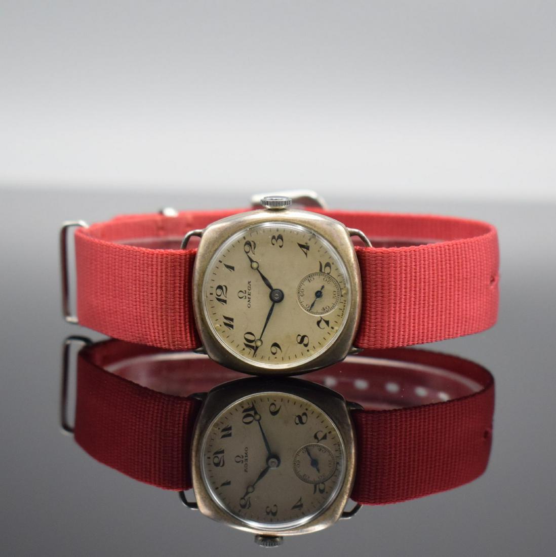 OMEGA early wristwatch in silver: OMEGA early wristwatch in silver, Switzerland around 1929, manual winding, 3-piece Carré- Cambré case, snap on case back & bezel, silvered dial with Breguet-numerals, constant second at 6, blued Bre