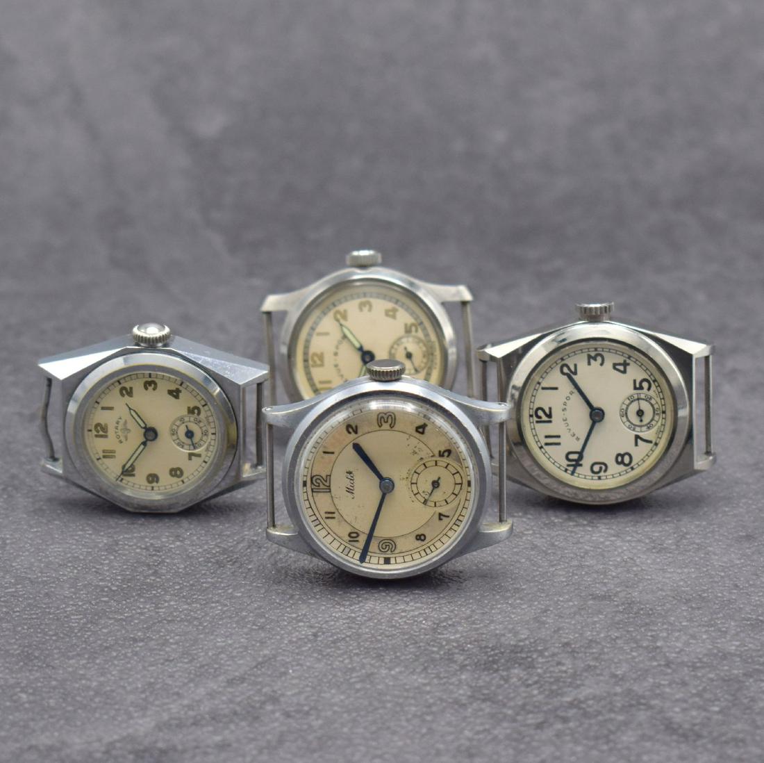 Set of 4 wristwatches, 2 x Revue-Sport, 1 x Mido...: Set of 4 wristwatches, 2 x Revue-Sport, 1 x Mido, 1 x Rotary, all Switzerland around 1940/50, Revue 1 x case screwed down, 1 x snap on case back,, silvered dial with Arabic hours, blued steel hands, c