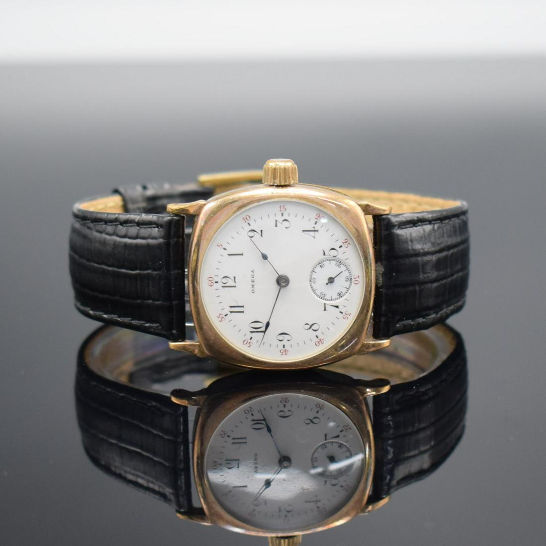 OMEGA early wristwatch, Switzerland for USA around 1905: OMEGA early wristwatch, Switzerland for USA around 1905, manual winding, 3-piece construction gold-plated USA-case, snap on case back & bezel, enamel dial with Arabic numerals hairlines, blued spade-h