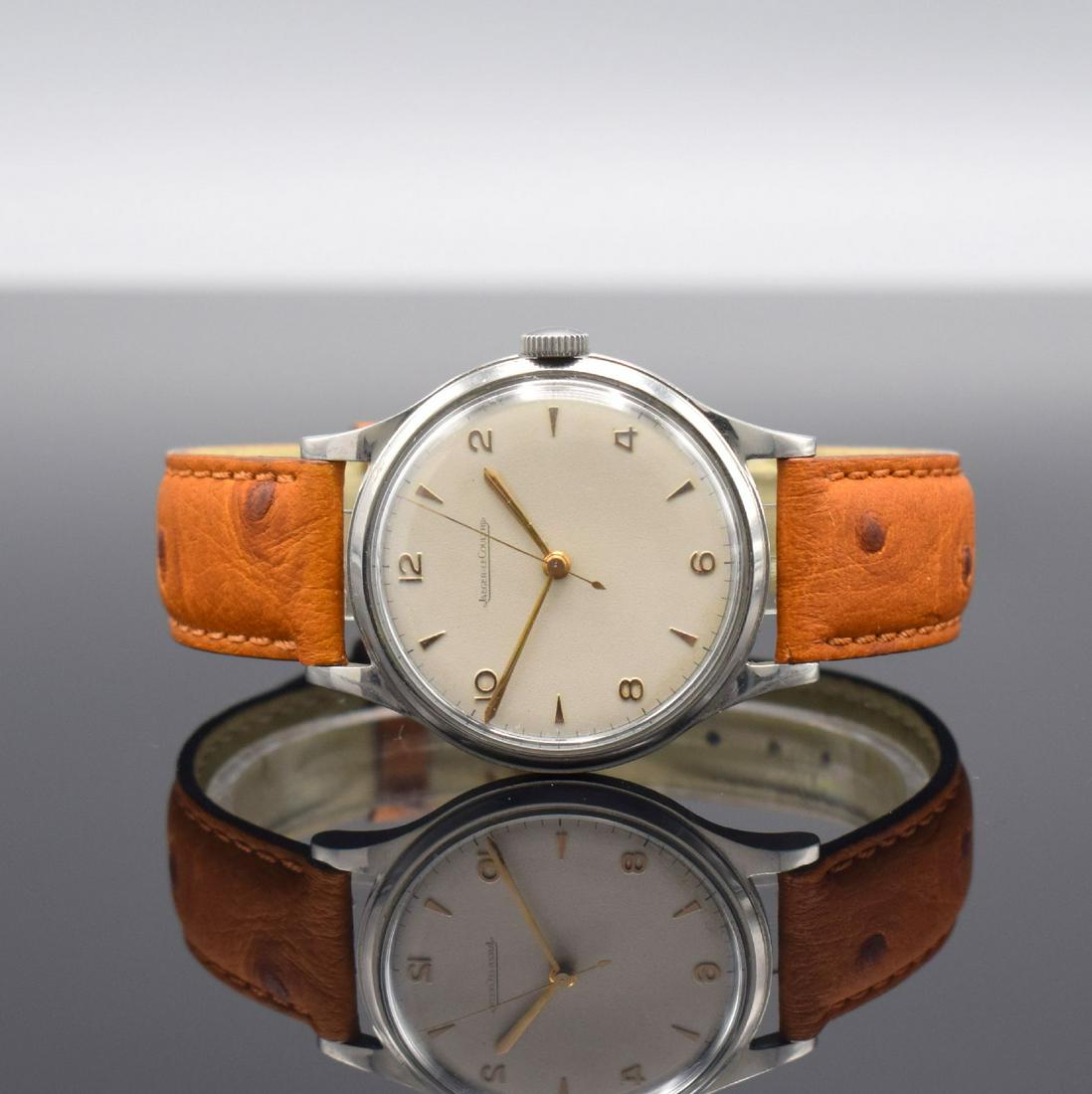 Jaeger-LeCoultre big gents wristwatch 37 mm in steel: Jaeger-LeCoultre big gents wristwatch 37 mm in steel, Switzerland around 1953, manual winding, two-piece construction case, screwed down case back, silvered dial with gilded hour-indices restored, gil