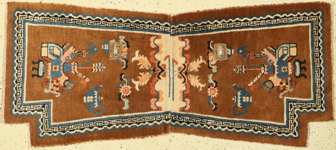 Saddle cover antique, China, 19th century, wool on: Saddle cover antique, China, 19th century, wool on cotton, approx. 143 x 64 cm, condition: 2-3. Antique, old and decorative collector rugs, carpets & textiles