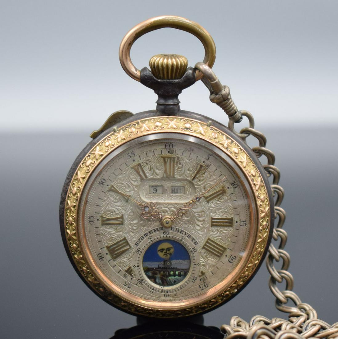 Open face pocket watch with moon phase: Open face pocket watch with moon phase and silver chain, Switzerland around 1900, gun metal case floral decorated & gold-plated, metal dial with Roman numerals, gilded hands, day & date, constant seco
