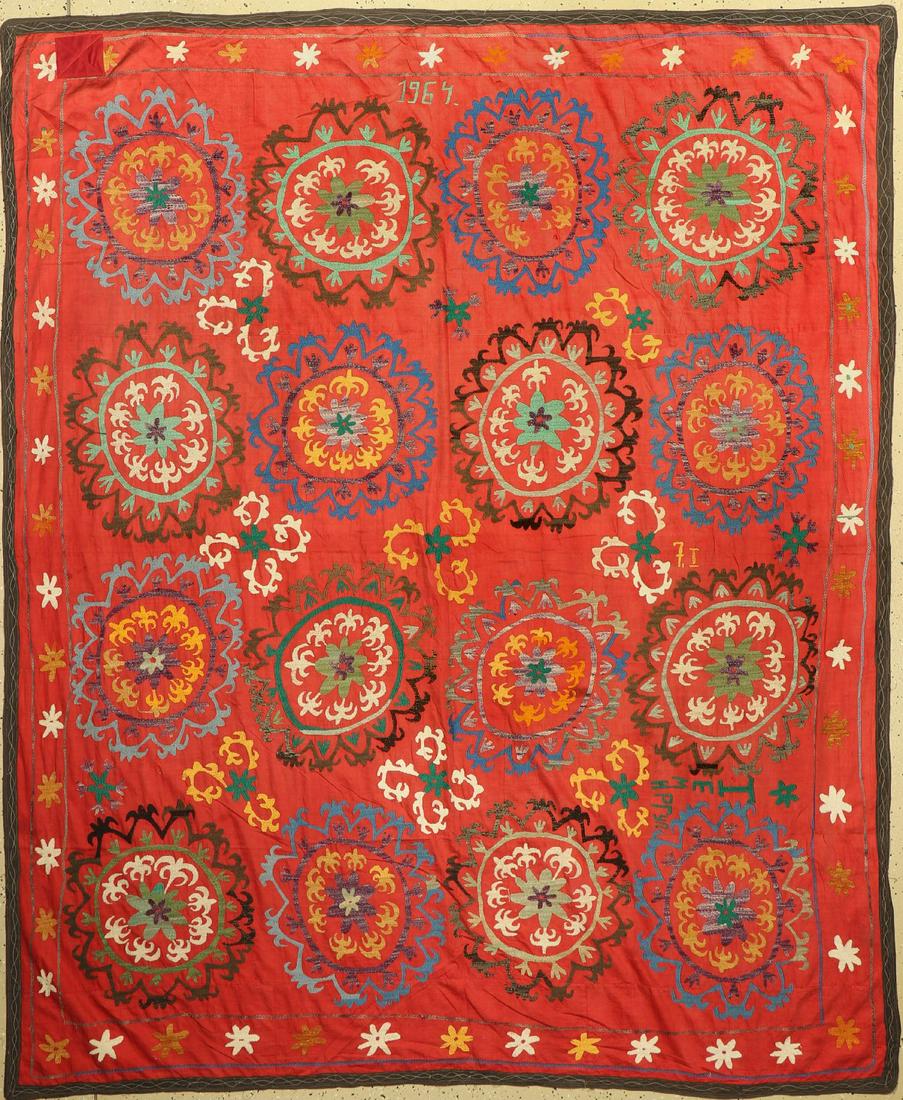 Suzani, Tajikistan, dated 1964, cotton embroidery: Suzani, Tajikistan, dated 1964, cotton embroidery, approx. 230 x 188 cm, condition: 2, (patched).Rugs & Carpets