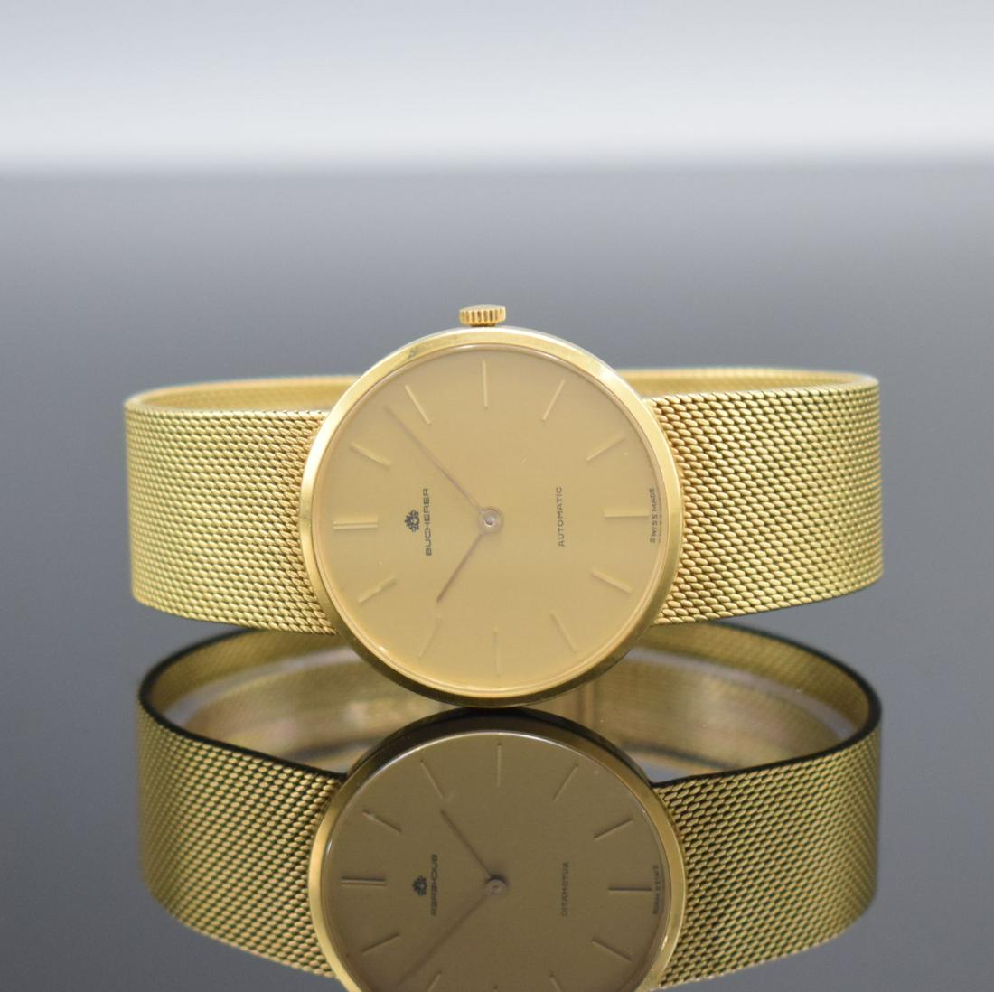 CHOPARD / BUCHERER 18k yellow gold gents wristwatch: CHOPARD / BUCHERER 18k yellow gold gents wristwatch gold reference 1022, Switzerland around 1980, self winding, two-piece construction case, snap on case back, 18k yellow gold milanese-bracelet, gilde